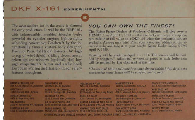 Рекламный буклет предпродажной лотереи автомобиля DKF X-161 experimental автомобильной компании Kaiser-Frazer. 1953.